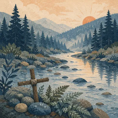 Peaceful Evergreen Valley River with Wooden Cross