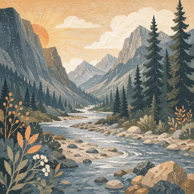 Peaceful Evergreen River in Alpine Valley