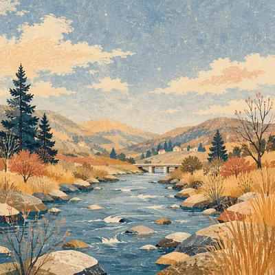 Peaceful River Valley with Evergreen Hills