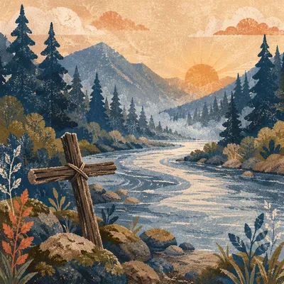 Peaceful River Valley with Wooden Cross