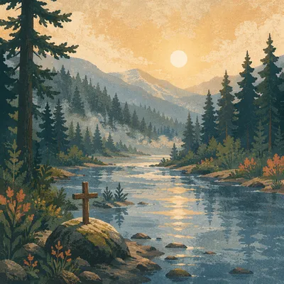 Peaceful Evergreen River Valley at Dawn
