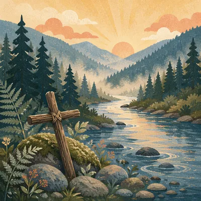 Peaceful Evergreen Valley River with Wooden Cross