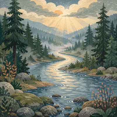 Peaceful Evergreen Valley River at Dawn