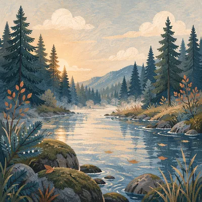 Peaceful Evergreen Valley River at Dawn