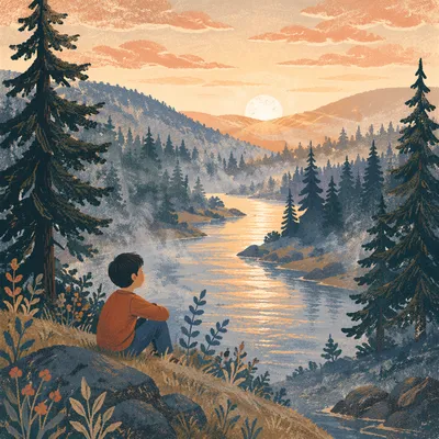 Peaceful Evergreen River Valley at Sunrise