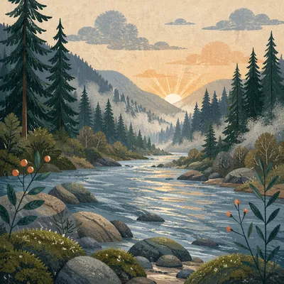 Peaceful Evergreen River Valley at Dawn