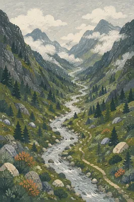 Peaceful River Through Evergreen Mountain Valley