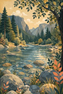 Peaceful Evergreen Valley River Morning Light