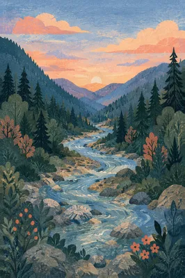 Peaceful River Through Evergreen Valley