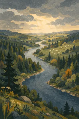 Peaceful River Valley Under Evergreen Skies