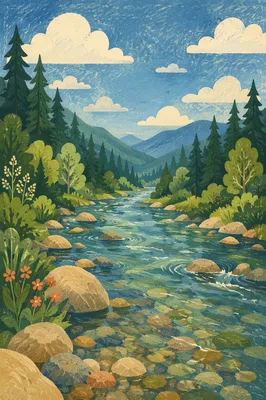 Peaceful River Through Evergreen Valley