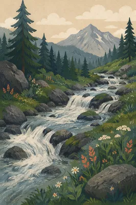 Peaceful Evergreen Valley River Waterfalls