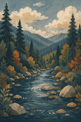 Peaceful Evergreen River Valley at Dusk