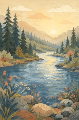 Peaceful Evergreen River Valley at Dawn