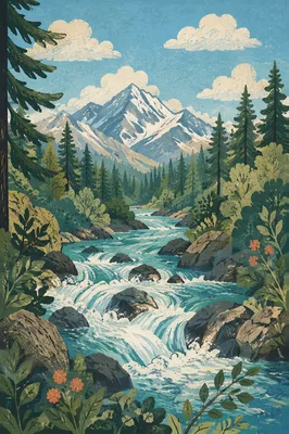 Peaceful Evergreen Valley River and Mountain