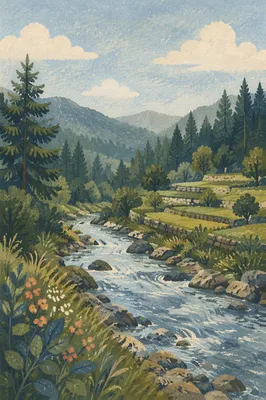 Peaceful River Through Evergreen Valley