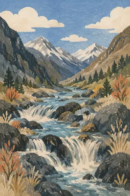 Peaceful Mountain River Through Evergreen Valley