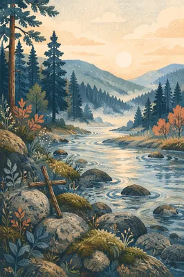 Peaceful River Valley with Wooden Cross