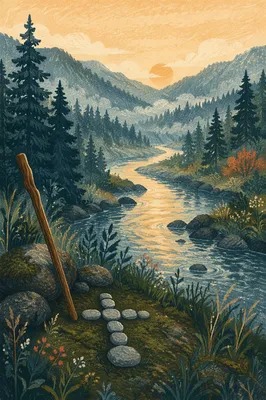 Peaceful River Valley at Evergreen Dawn