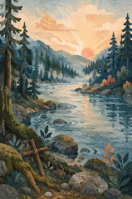 Peaceful Evergreen River Valley at Sunrise