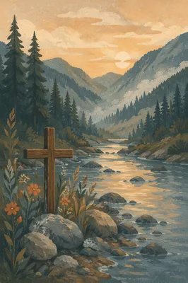 Peaceful River Valley with Wooden Cross