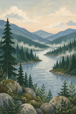 Peaceful River Through Evergreen Morning Valley
