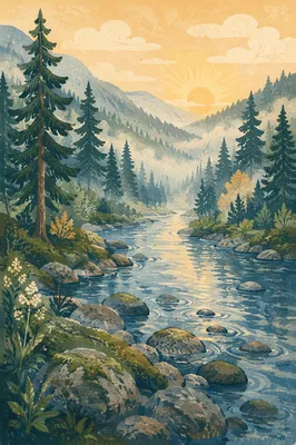 Peaceful Evergreen Valley River at Sunrise