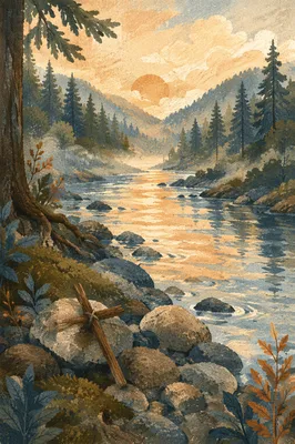Peaceful Evergreen Valley River at Sunrise
