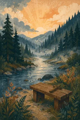 Peaceful Evergreen River Valley with Wooden Cross