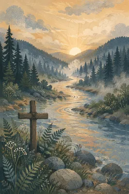 Peaceful Evergreen Valley River with Humble Cross