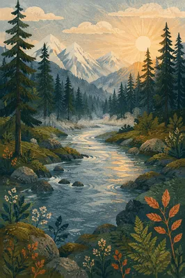 Peaceful Evergreen River Valley at Dawn