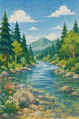 Peaceful Evergreen River Valley Landscape