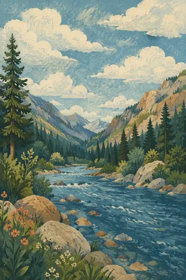 Peaceful River Through Evergreen Mountain Valley