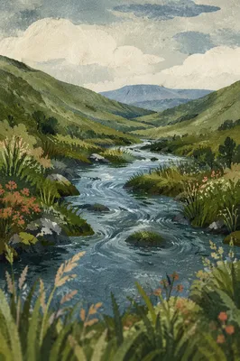 Peaceful River Through Evergreen Valley