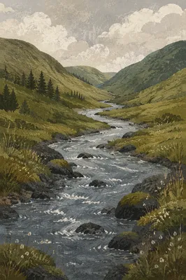 Peaceful River Through Evergreen Valley