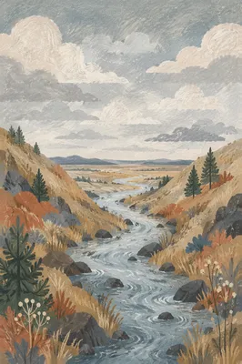Peaceful River Through Evergreen Valley