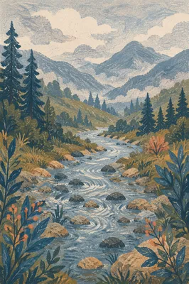 Peaceful River Through Evergreen Valley