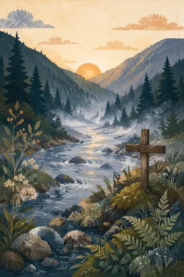 Peaceful Evergreen Valley River with Wooden Cross