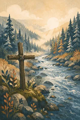 Peaceful Evergreen Valley River with Wooden Cross