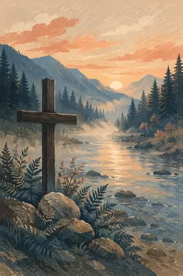 Peaceful River Valley with Wooden Cross
