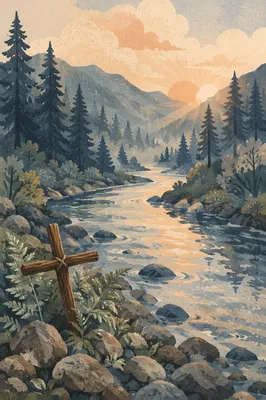 Peaceful River Cross in Evergreen Valley