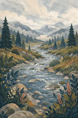 Peaceful River Through Evergreen Valley