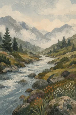 Peaceful River Valley at Misty Dawn