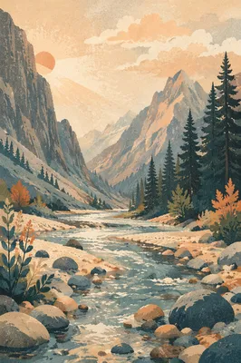 Peaceful Alpine River Through Evergreen Valley