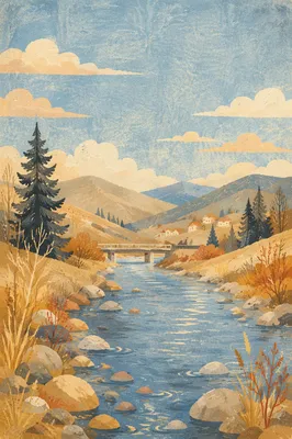Peaceful River Valley with Evergreen Hills