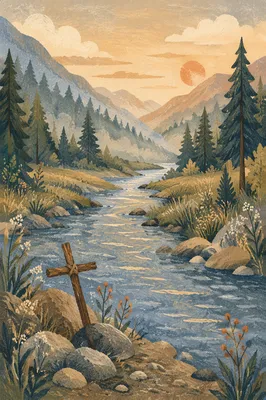 Peaceful Evergreen River Valley at Dawn