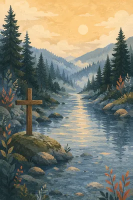Peaceful Evergreen River Valley at Dawn