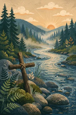 Peaceful Evergreen Valley River with Wooden Cross
