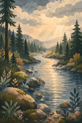 Peaceful Evergreen River Valley at Dawn