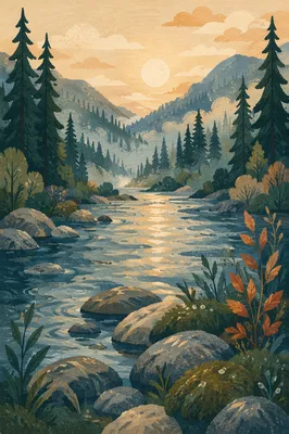 Peaceful Evergreen River Valley at Dawn